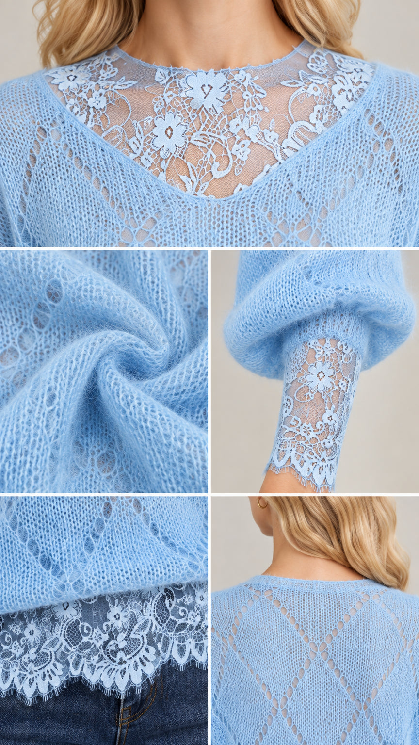 Close-up detail of sheer floral lace neckline, fluffy knit texture, and lace cuffs