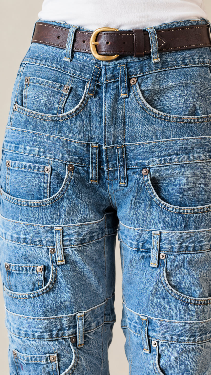 Close-up detail of tiered pocket construction and waistband on denim blue jeans