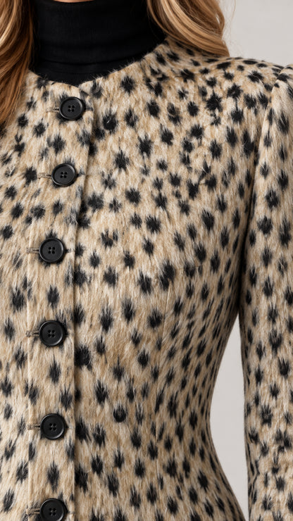 Close-up detail of textured fabric, round neckline, and dark buttons