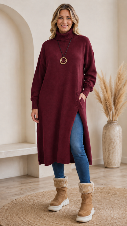 Burgundy turtleneck sweater midi dress styled with boots and pendant necklace