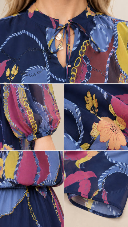 Close-up details of keyhole tie neckline, cuffs, and print texture