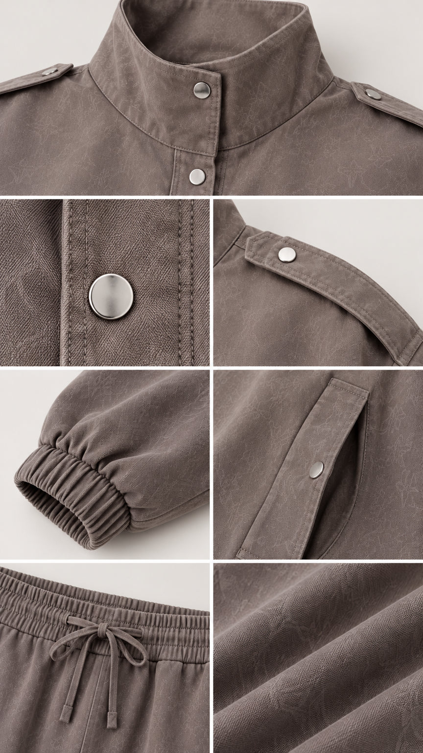 Close-up details of collar, snap buttons, shoulder tabs, cuffs, and drawstring