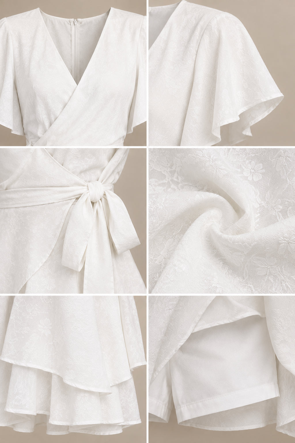 Detailed close-up collage of white wrap neckline, flutter sleeves, tie waist, and textured fabric