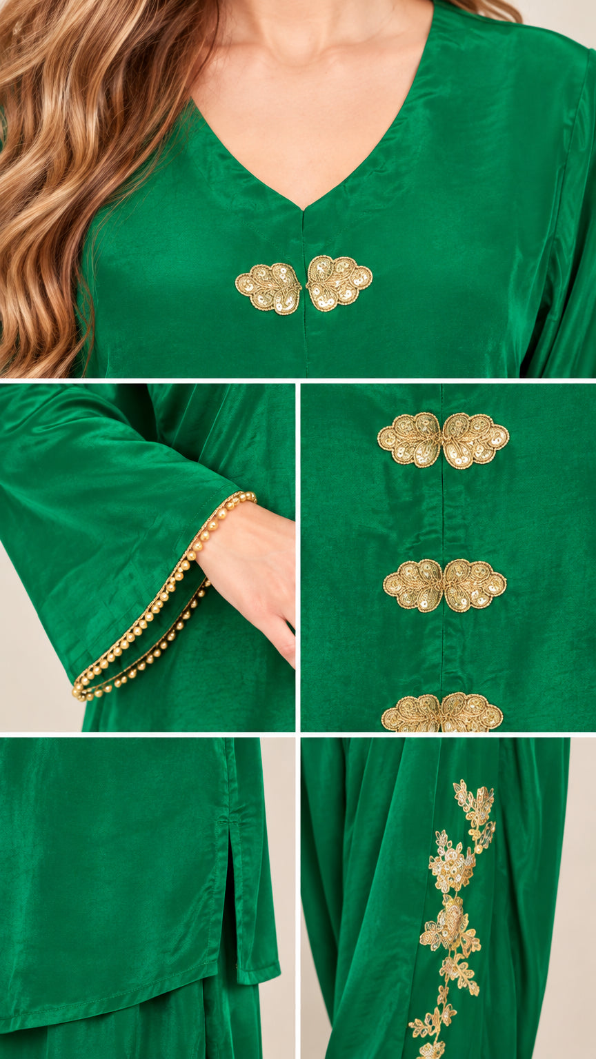 Close-up details of gold floral frog buttons, trim cuffs, and ankle embroidery on green set