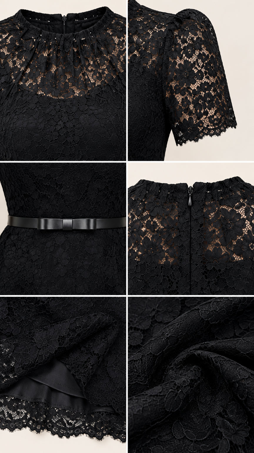 Close-up detail collage of Black lace fabric, neckline, short sleeves, belt, and hemline lining