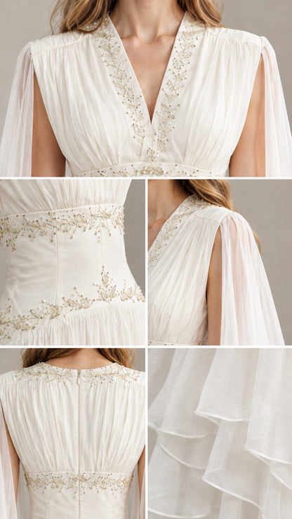 Close-up details of beaded V-neckline, embellished waist yoke, and sheer cape sleeve fabric
