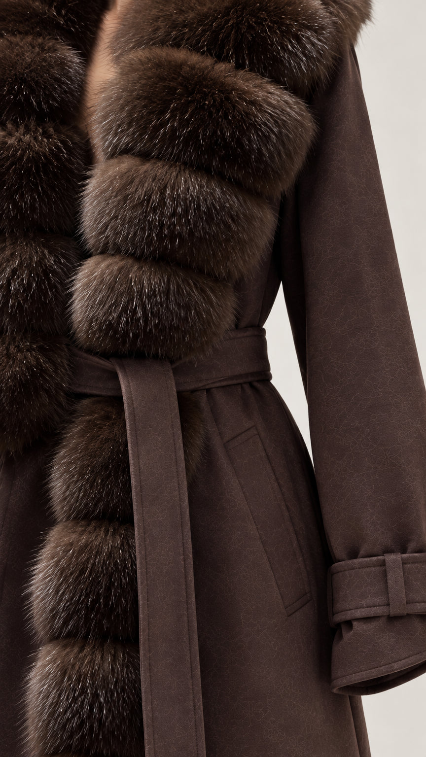 Close-up detail of plush faux fur collar and belted waist on brown coat