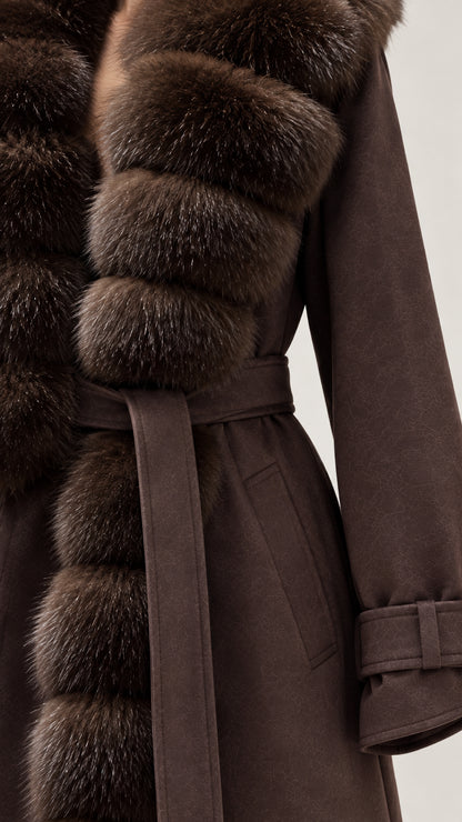 Close-up detail of plush faux fur collar and belted waist on brown coat