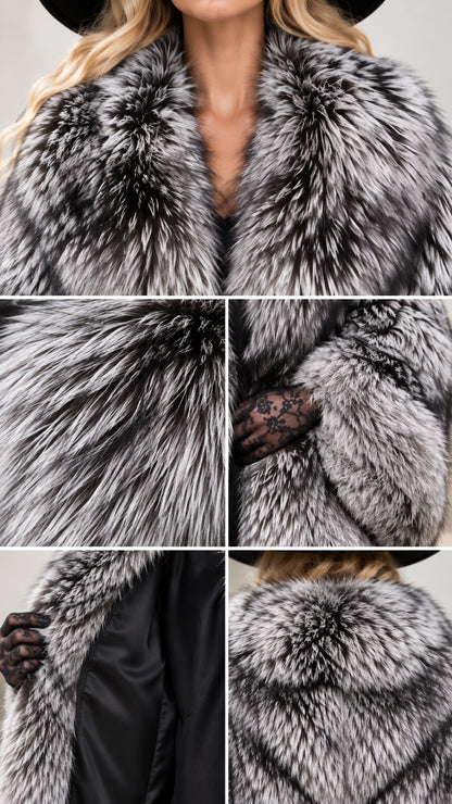 Close-up detail collage showing collar, faux fur texture, sleeve cuff, lining, and back panel