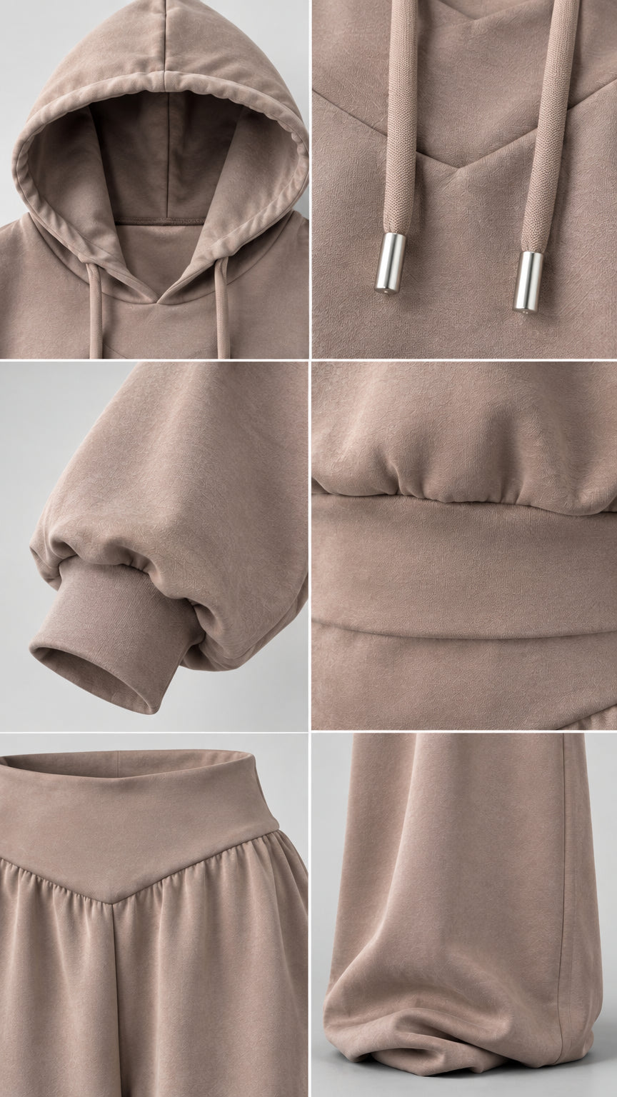 Close up details of hoodie neckline drawstrings ribbed cuffs and waistband