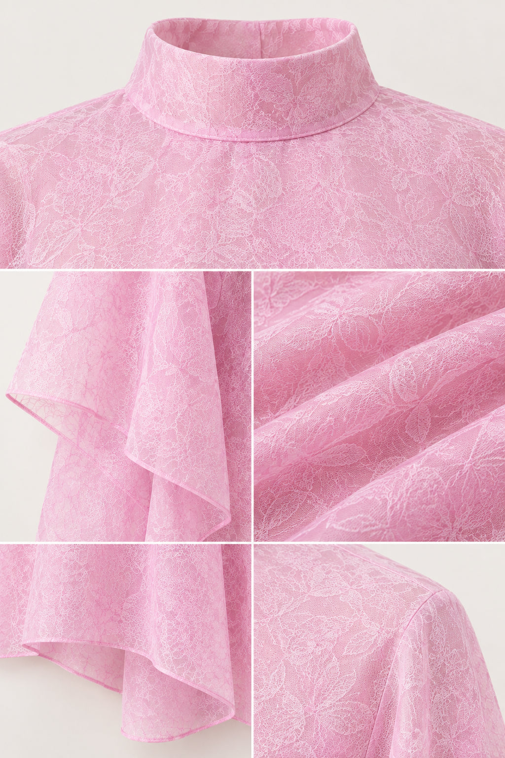 Close-up details of mock neck collar, tonal jacquard texture, and flowing hemline