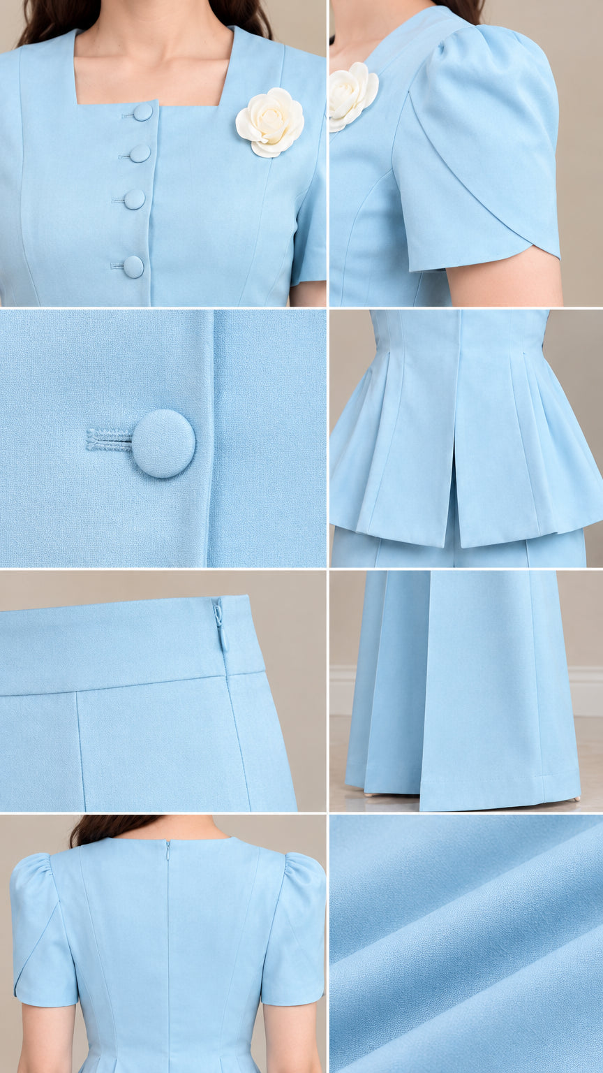 Close-up details of square neckline, covered buttons, pleats, and fabric texture in Sky Blue