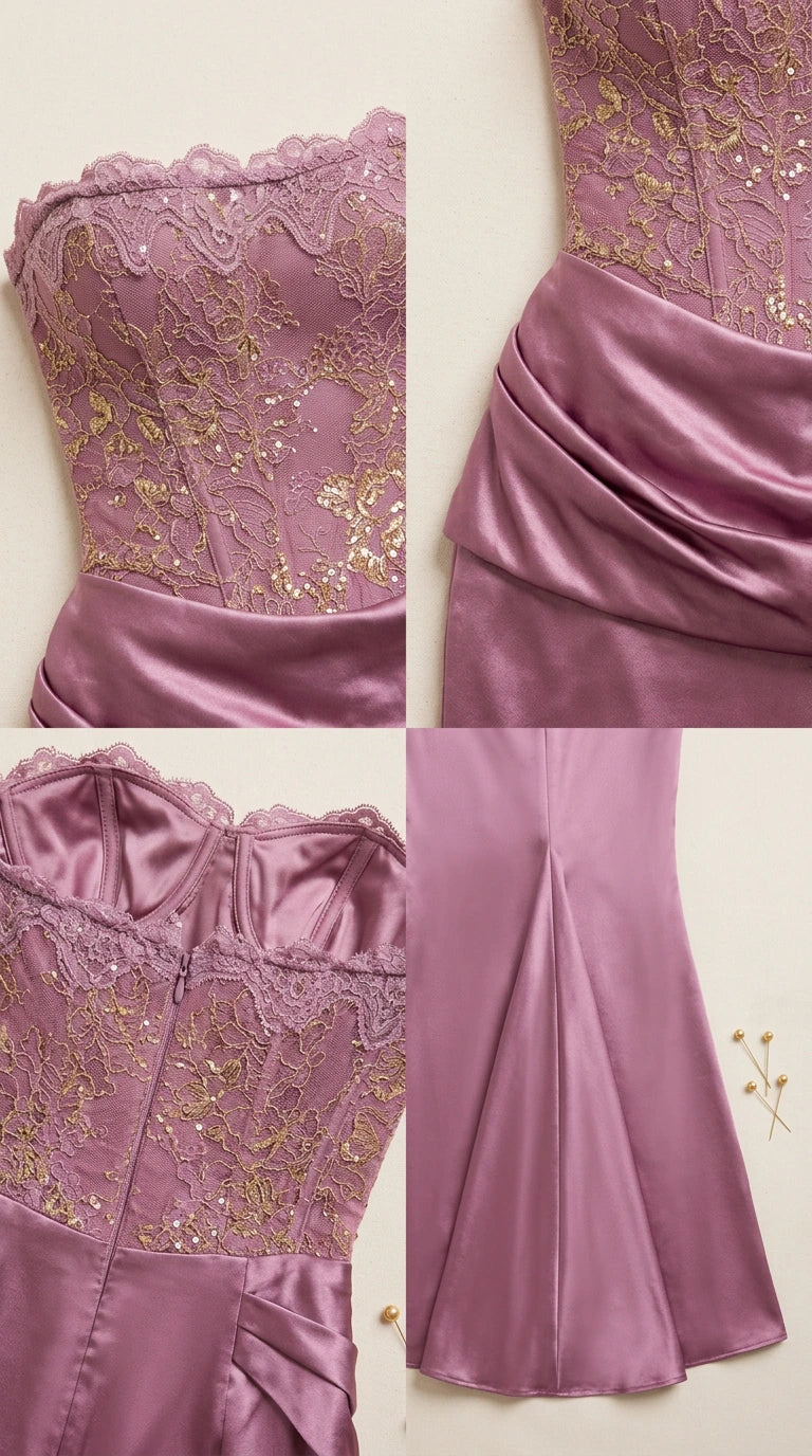 Detailed closeup of embroidered lace corset bodice and draped satin skirt