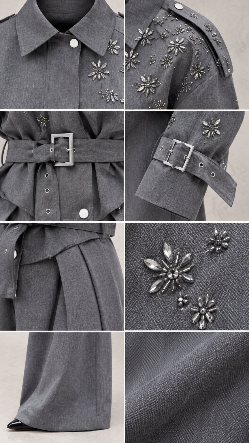 Close-up detail collage showing crystal embellishments, belt buckle, collar, and fabric texture