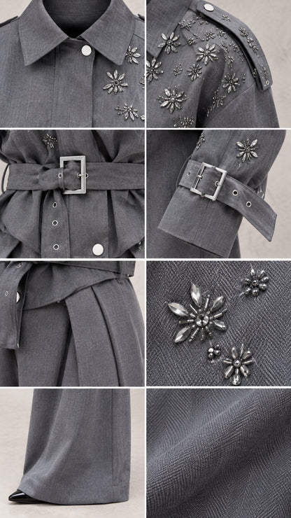 Close-up detail collage showing crystal embellishments, belt buckle, collar, and fabric texture
