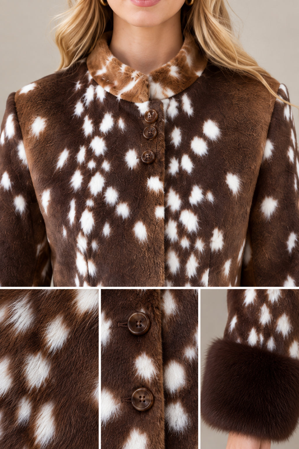 Close-up detail of collar, button closure, and plush cuff on brown spotted jacket