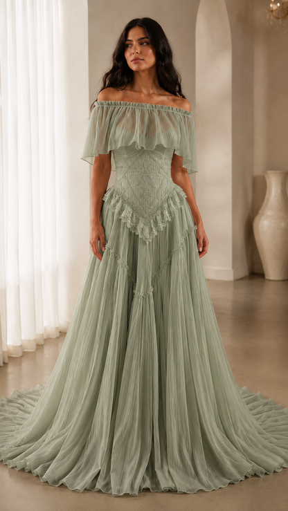 Sage green off-shoulder ruffle evening gown with textured bodice and long flowing hem