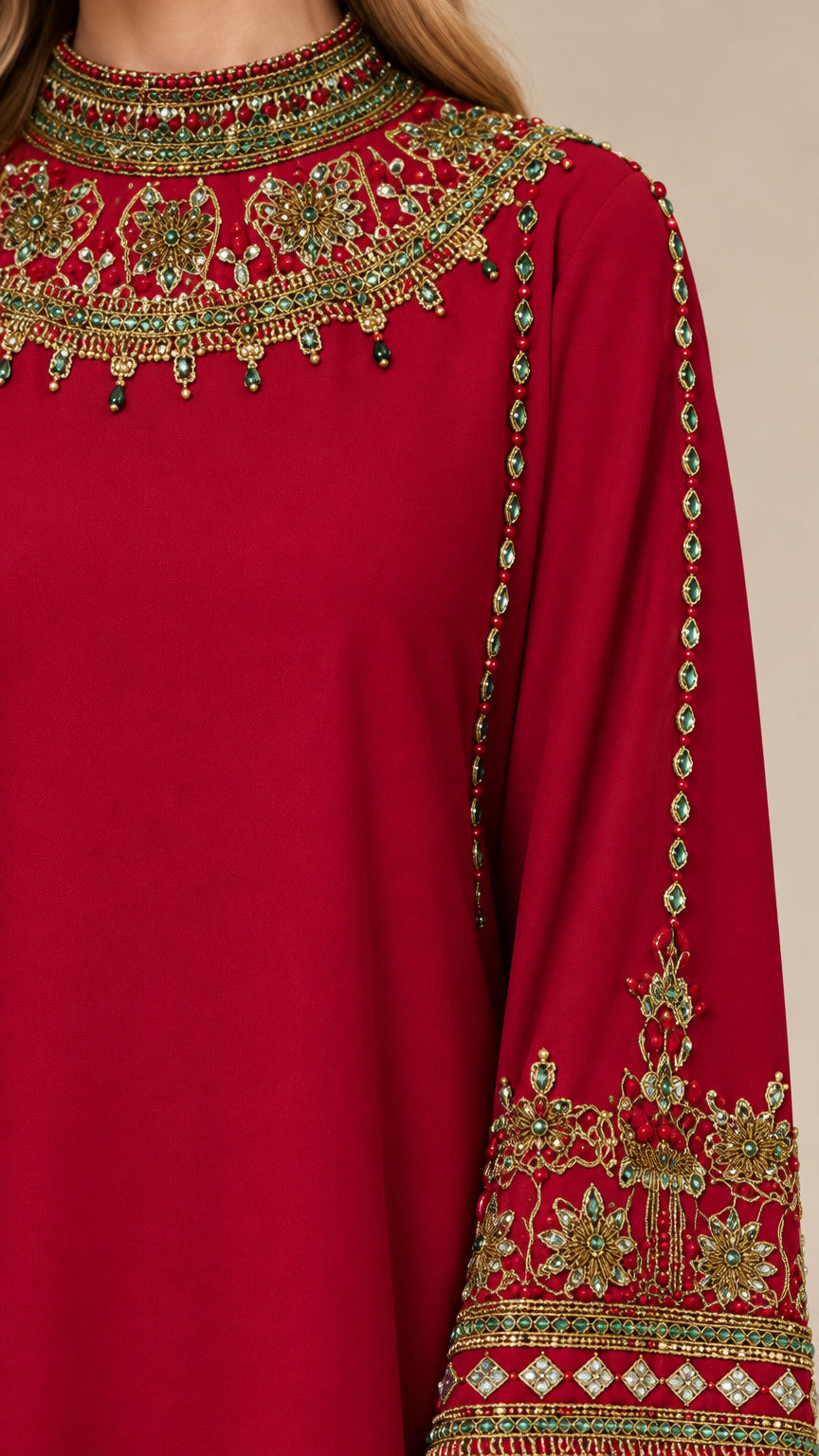 Close-up detail of intricate neckline and sleeve cuff embroidery on Ruby Red dress