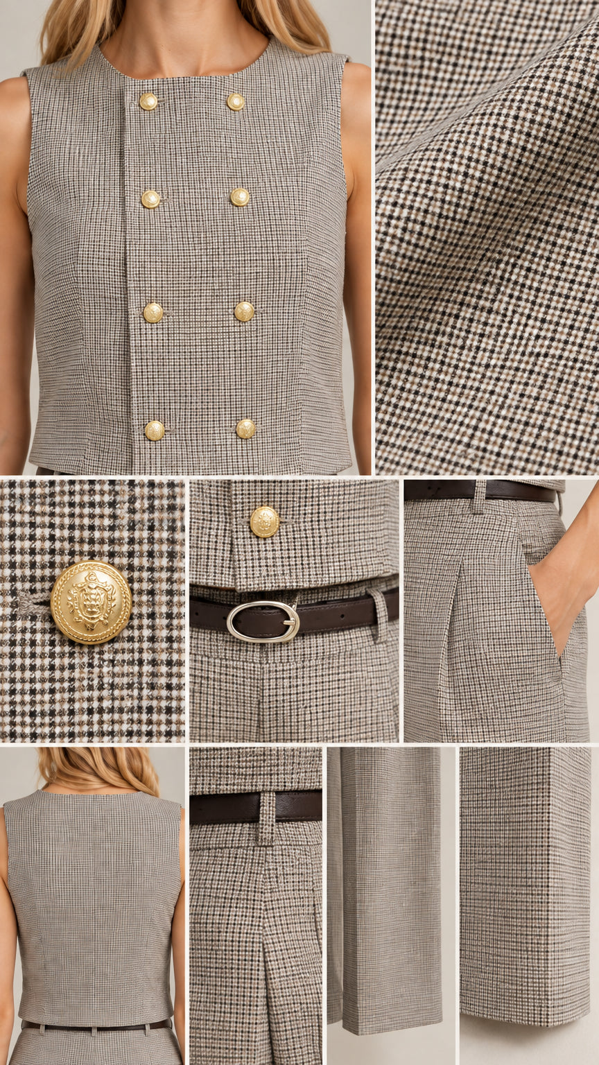 Close-up details of gold buttons, houndstooth fabric texture, belt buckle, and pockets