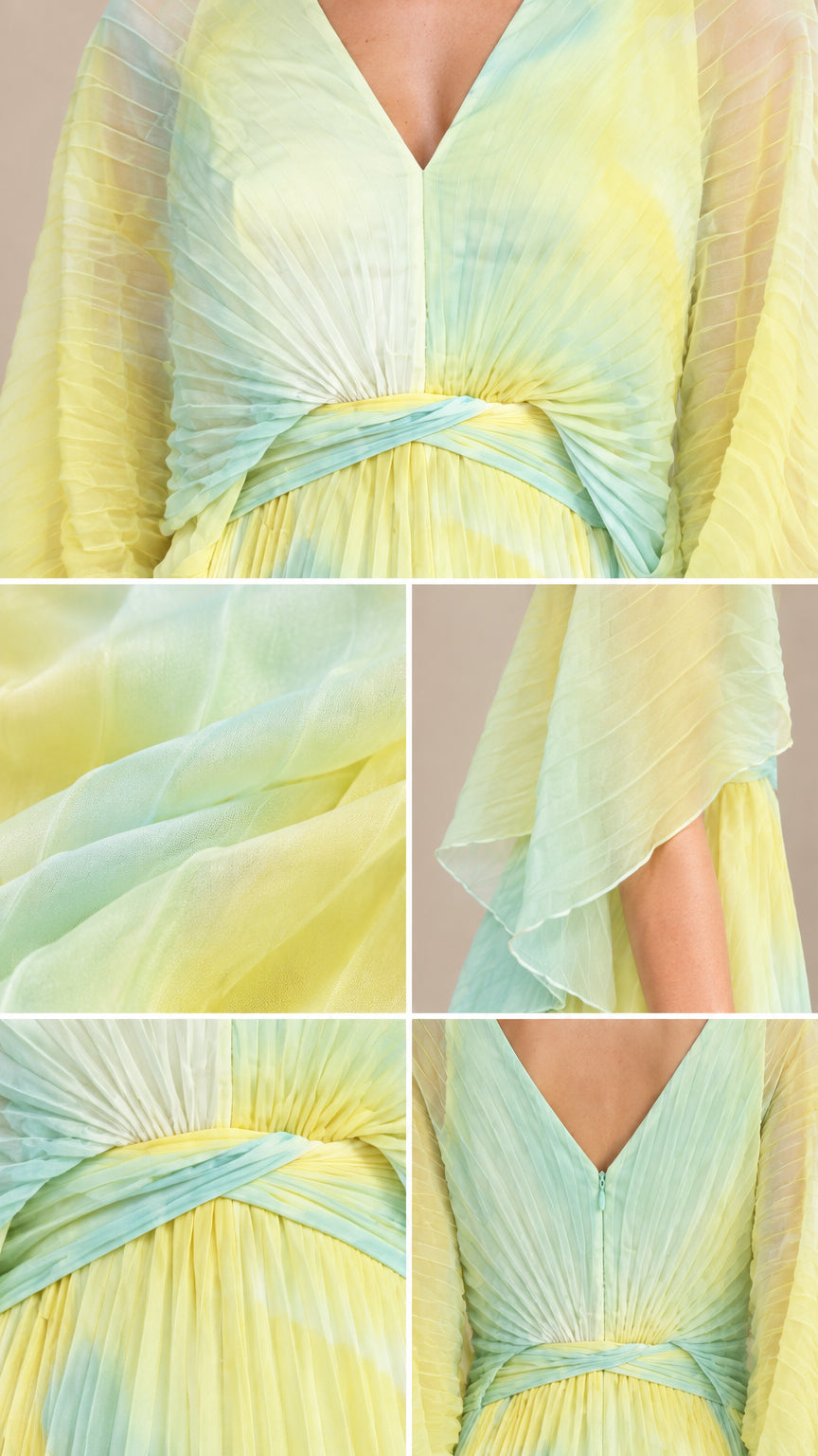 Detailed close-ups of neckline, pleating texture, sleeve, and gathered waist