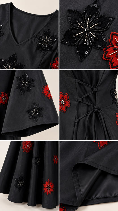 Close-up details of V-neckline, floral beading, bell sleeve cuffs, and side lace-up tie