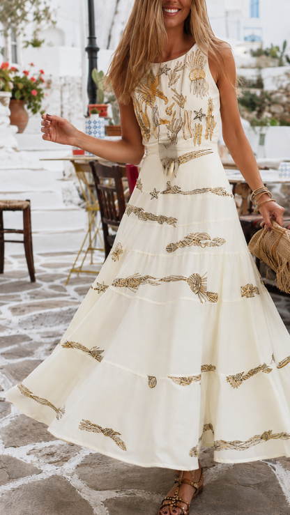 Closer front view of ivory sleeveless embroidered maxi dress showing bodice and waist detail