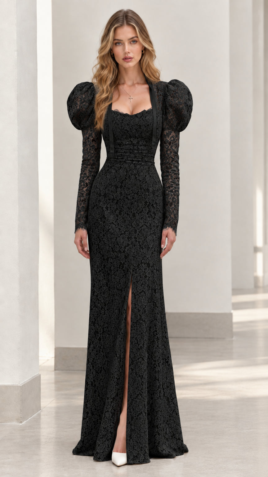 Full-length view of black puff sleeve lace maxi dress with front slit