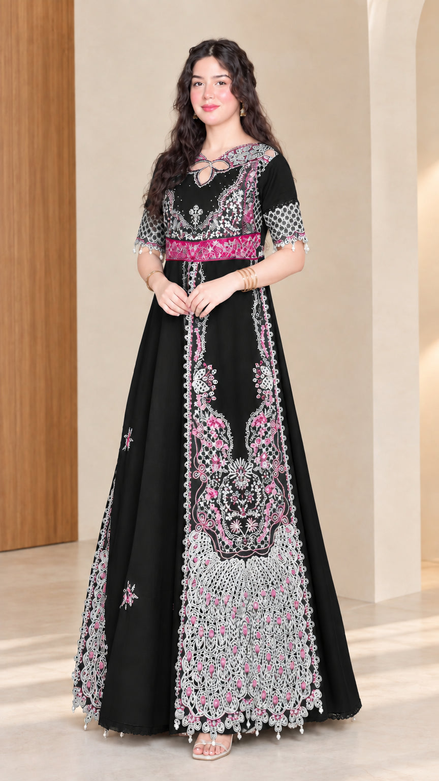 Front full view of woman wearing classic black embroidered maxi dress