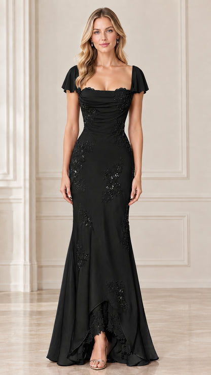 Black flutter sleeve ruched mermaid formal gown