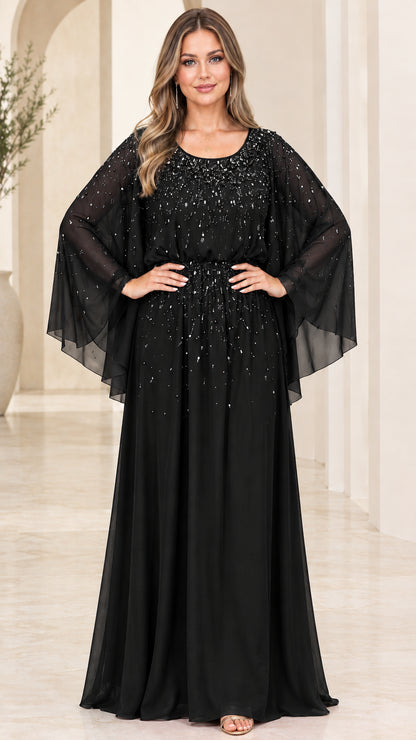 Black beaded cape sleeve chiffon maxi formal evening dress