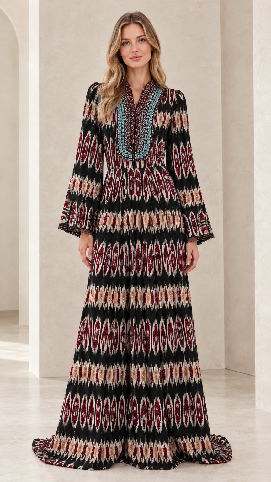 Full front view of black boho ikat print long sleeve maxi dress