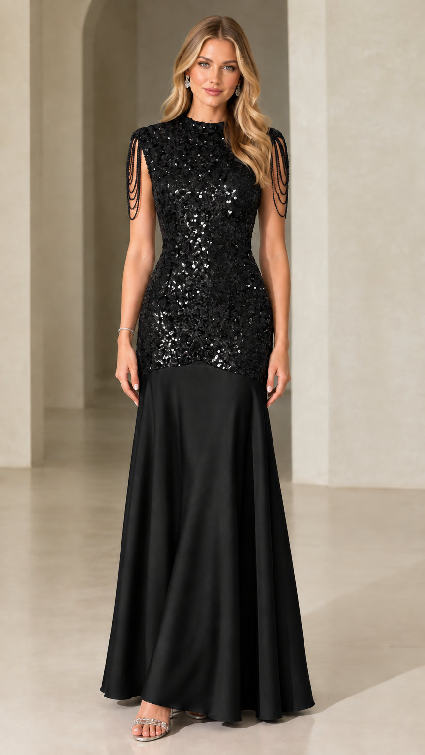 Front view of black sequin mermaid evening gown with beaded shoulder detail