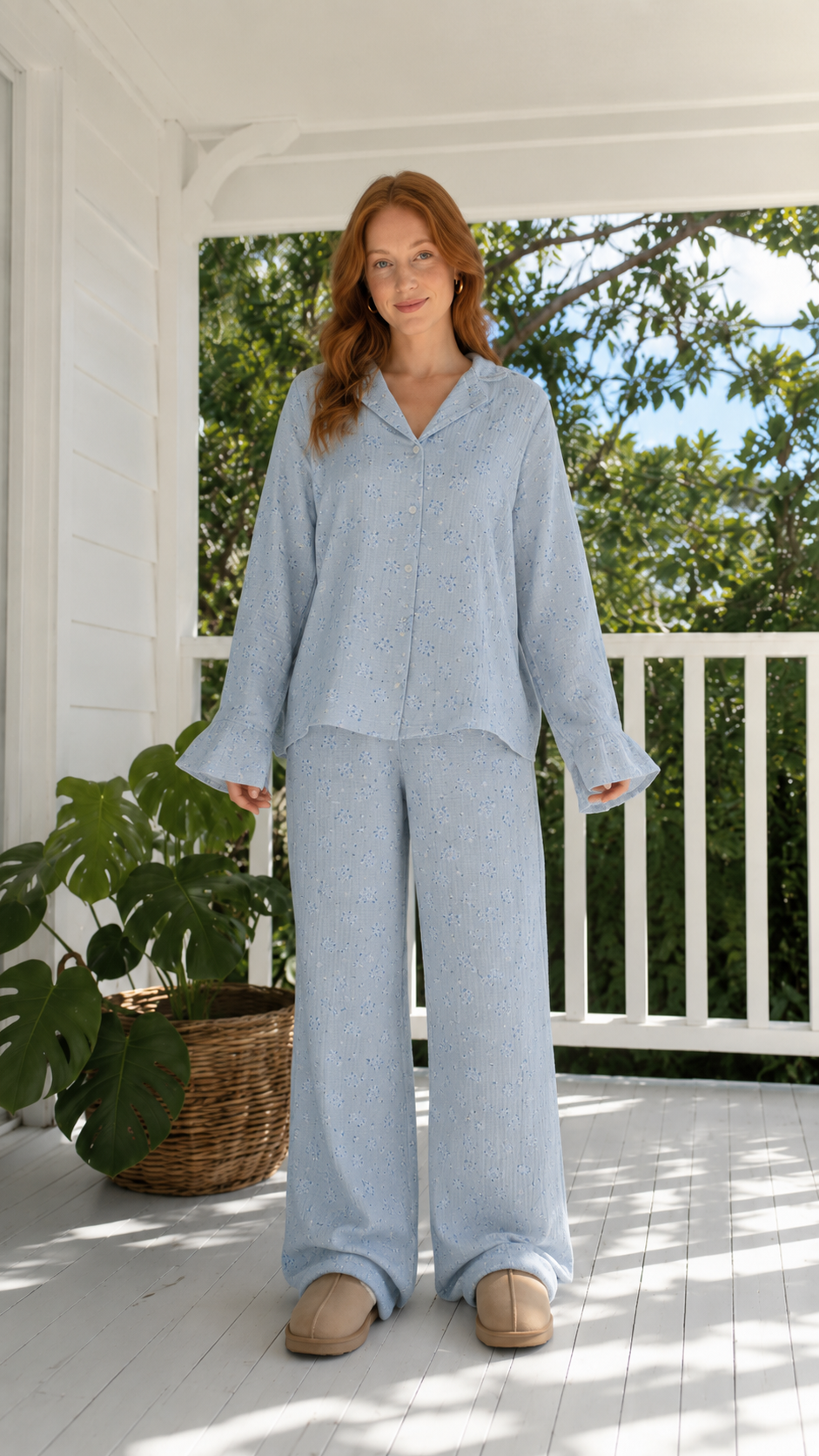 Front view of powder blue floral lounge set with relaxed fit top and pants
