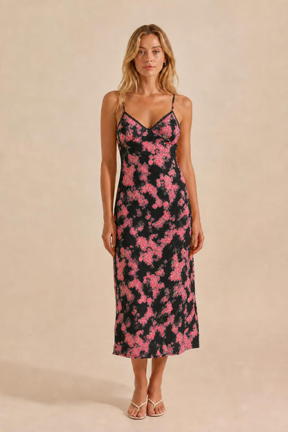 Front view of black floral midi slip dress