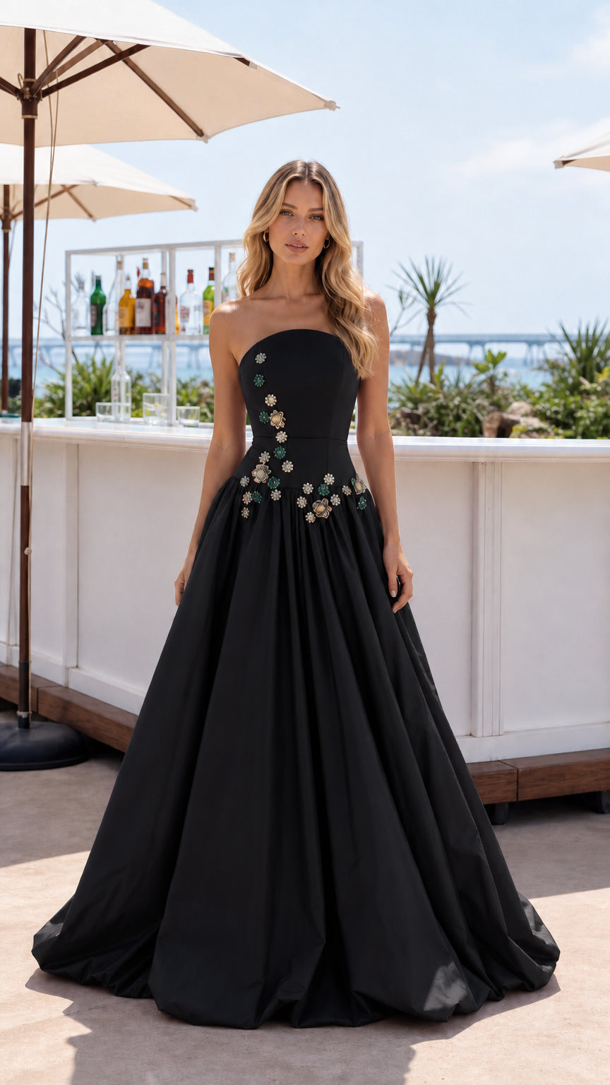 Black strapless crystal embellished corset A-line formal gown
