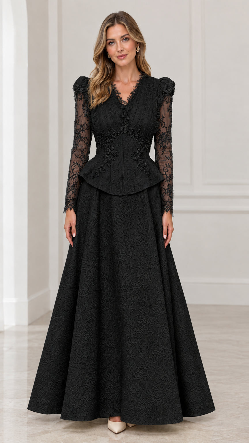 Front view of black long sleeve lace peplum formal maxi dress