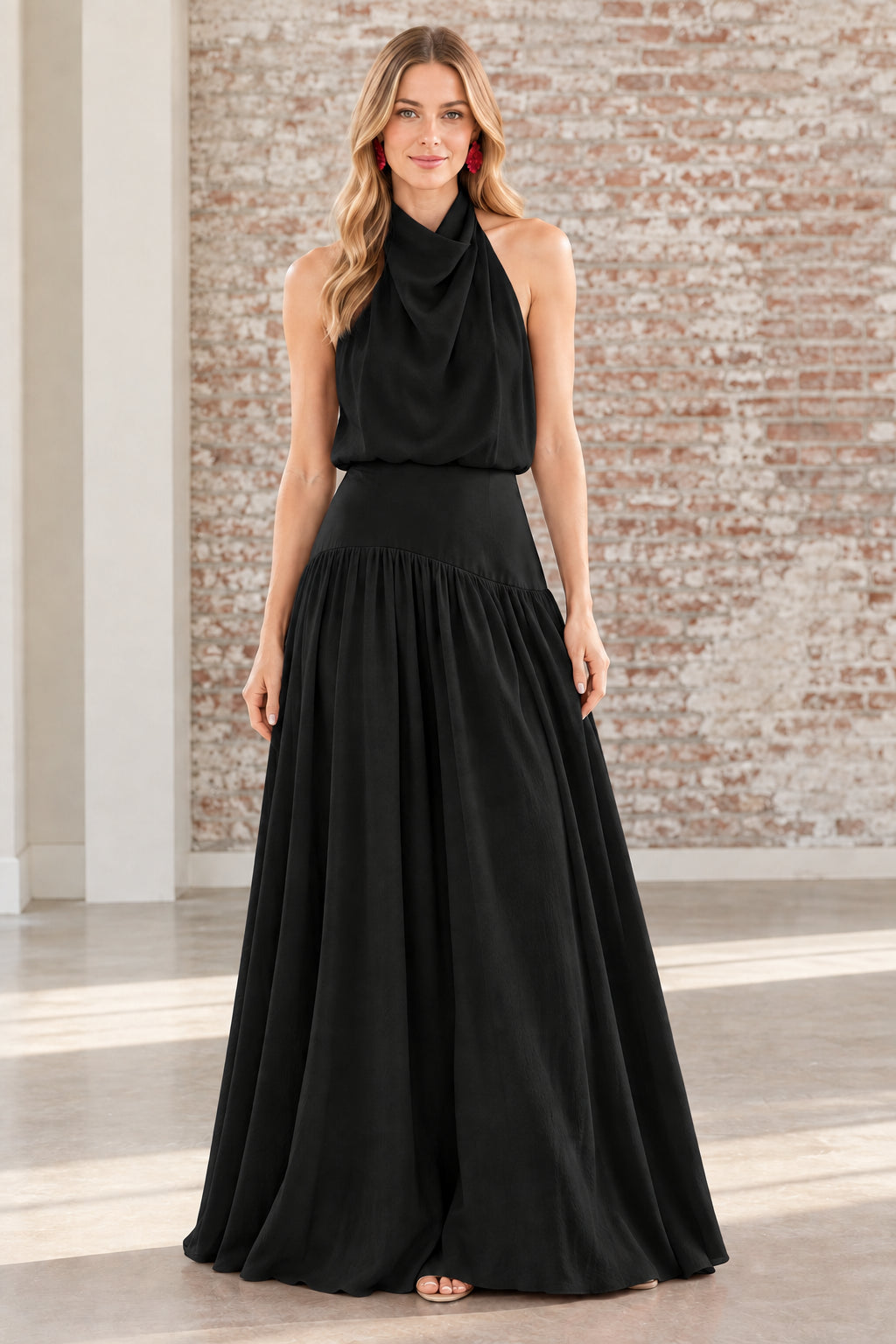 Black halter backless cowl neck maxi evening gown