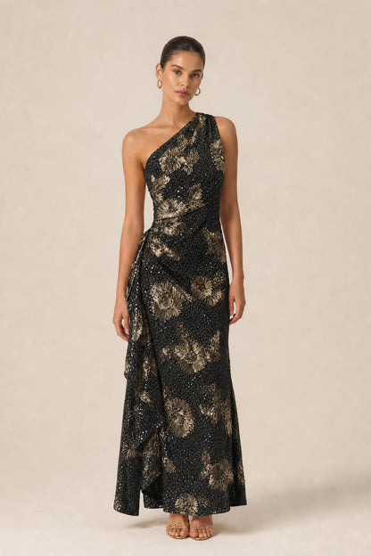 Black color variant of one-shoulder floral sequin evening gown