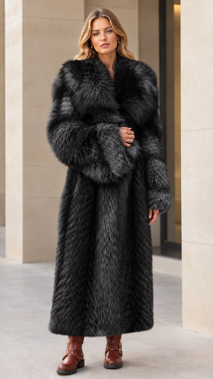 Front view of woman wearing charcoal black full-length faux fur coat