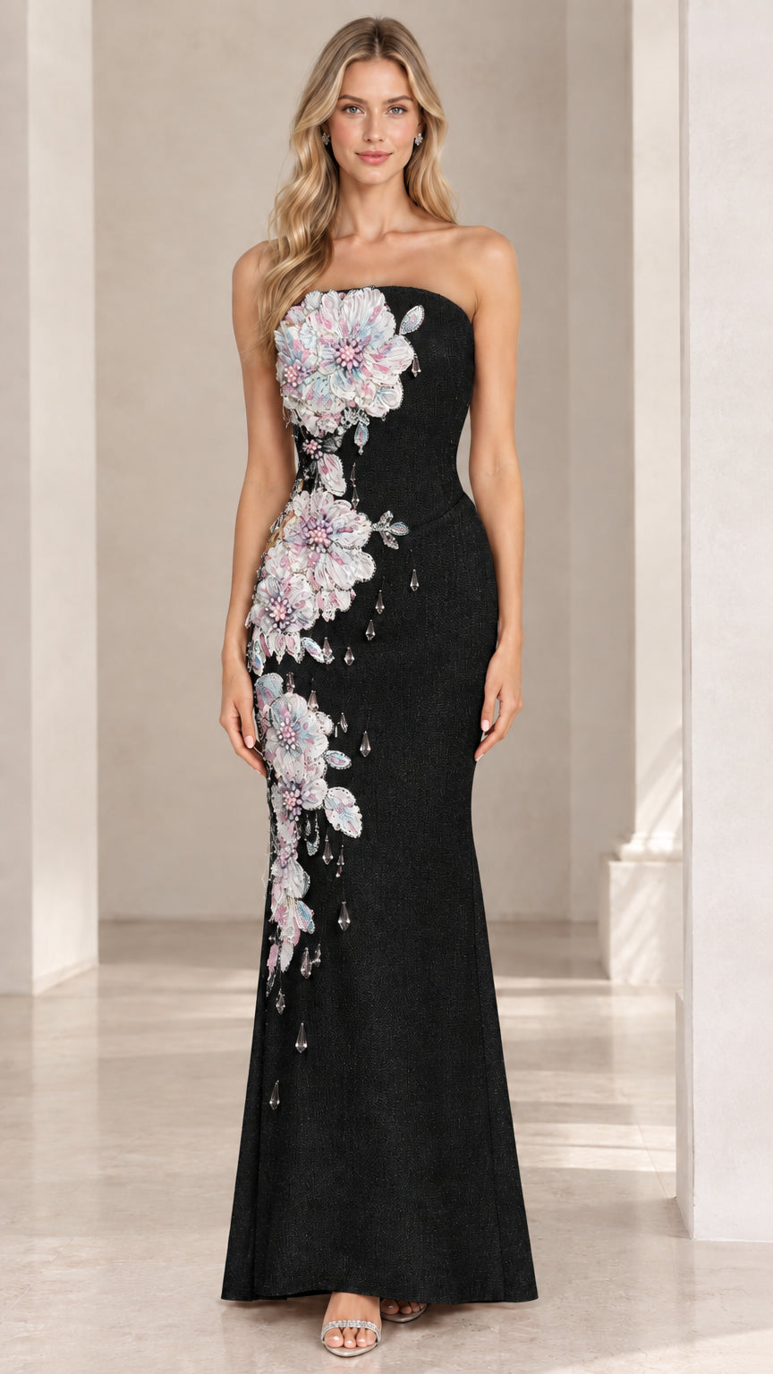 Front view of black strapless evening gown with side floral applique