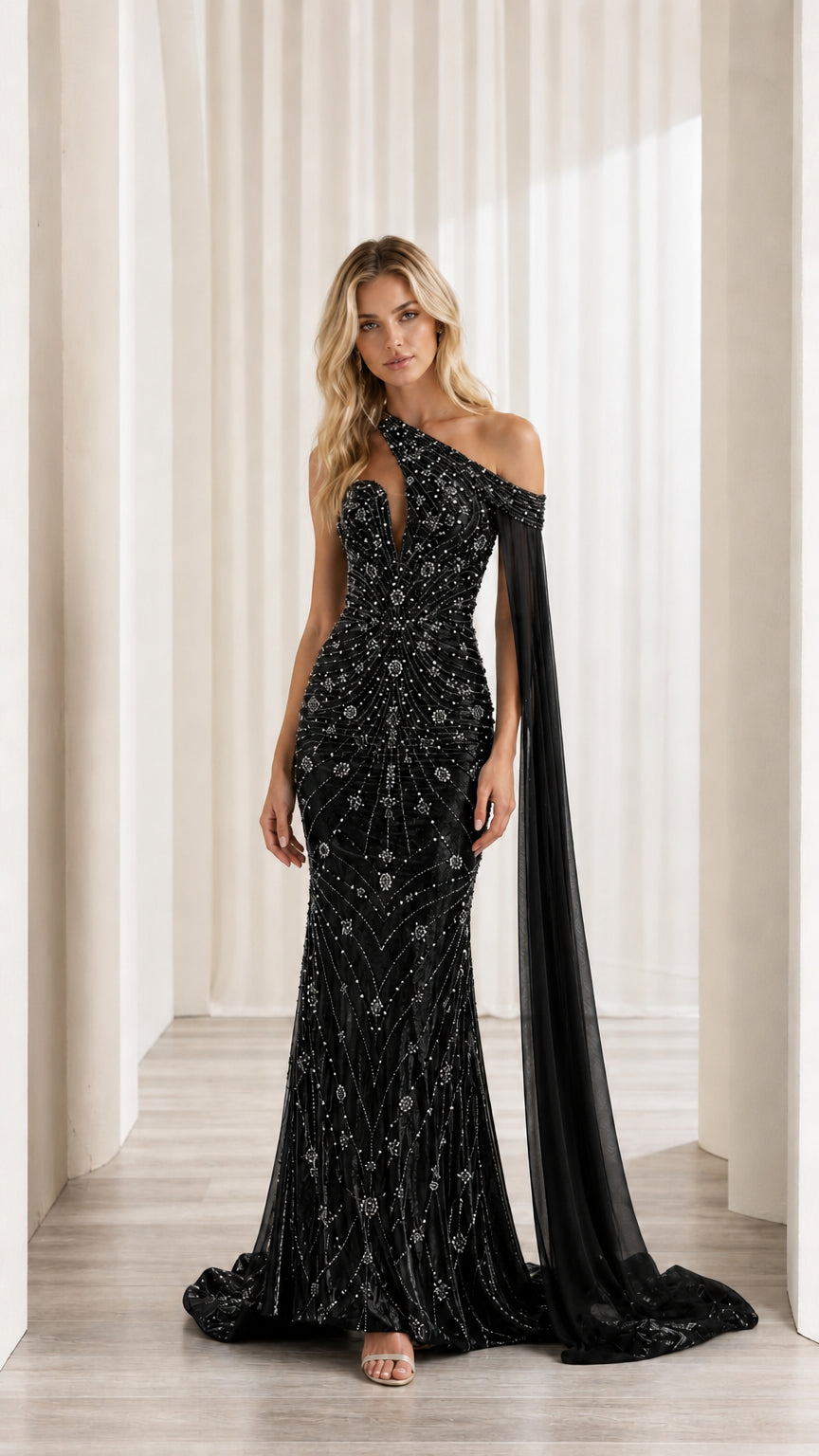 Front view of model wearing black one-shoulder beaded cape formal dress