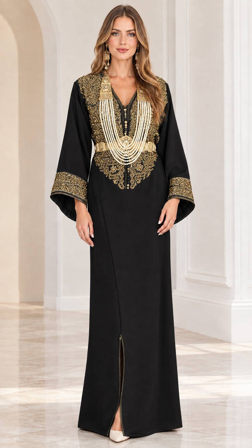 Black embroidered long sleeve kaftan dress with faux pearl drape accents