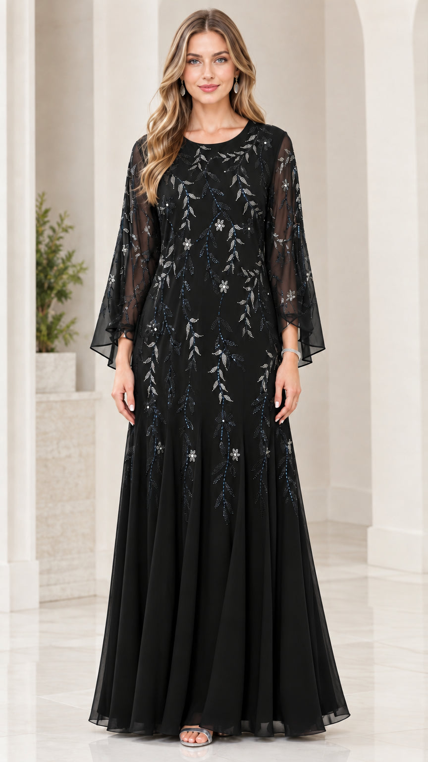 Front view of model wearing Black sequin embroidered bell sleeve evening gown
