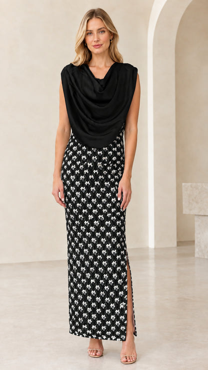 Black draped cowl neck column maxi dress front view