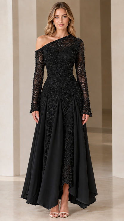 Black one-shoulder long-sleeve embellished lace evening gown