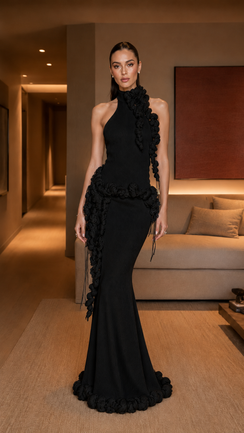Front view of black one-shoulder mermaid gown with tonal ruffle trim
