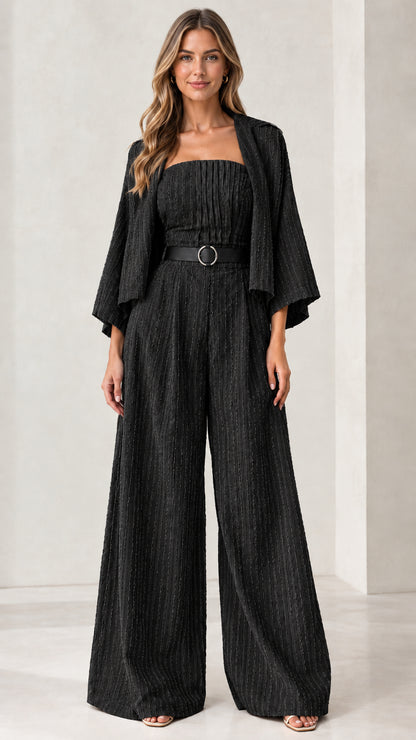 Full front view of the pleated bandeau wide-leg jumpsuit set in black