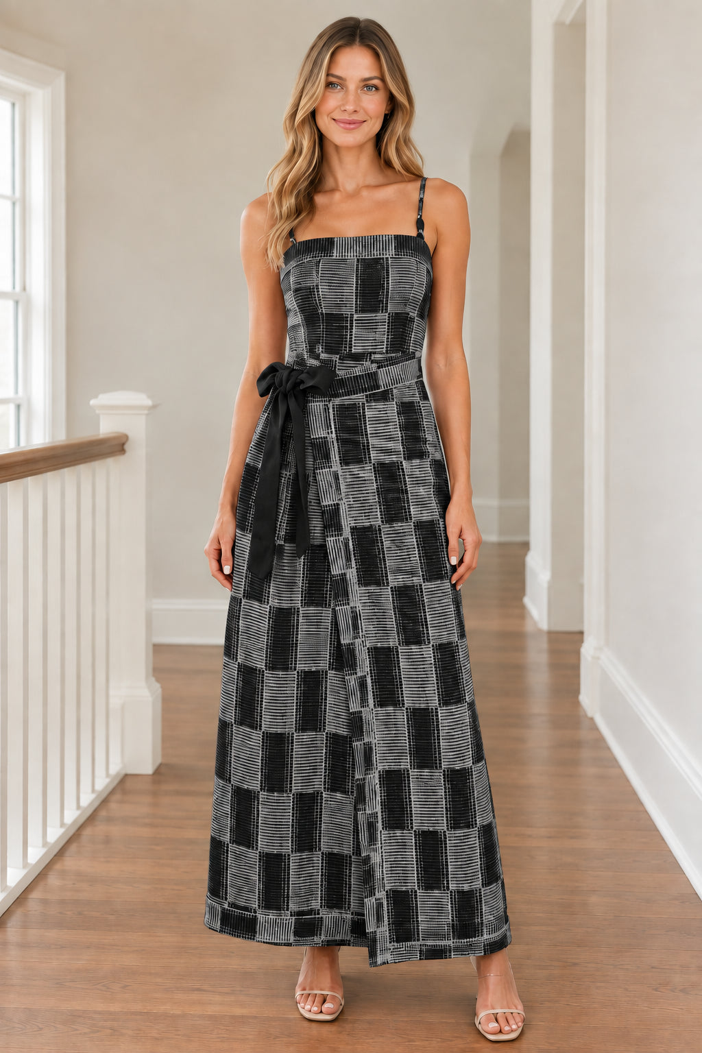Front view of woman wearing Black and white geometric plaid wide-leg jumpsuit