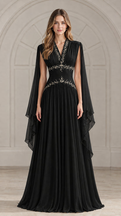Front view of black beaded V-neck cape sleeve chiffon formal maxi gown