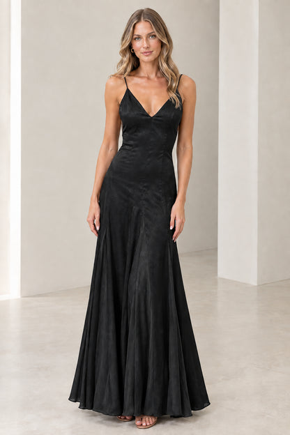 Front view of model wearing Black satin V-neck evening maxi dress